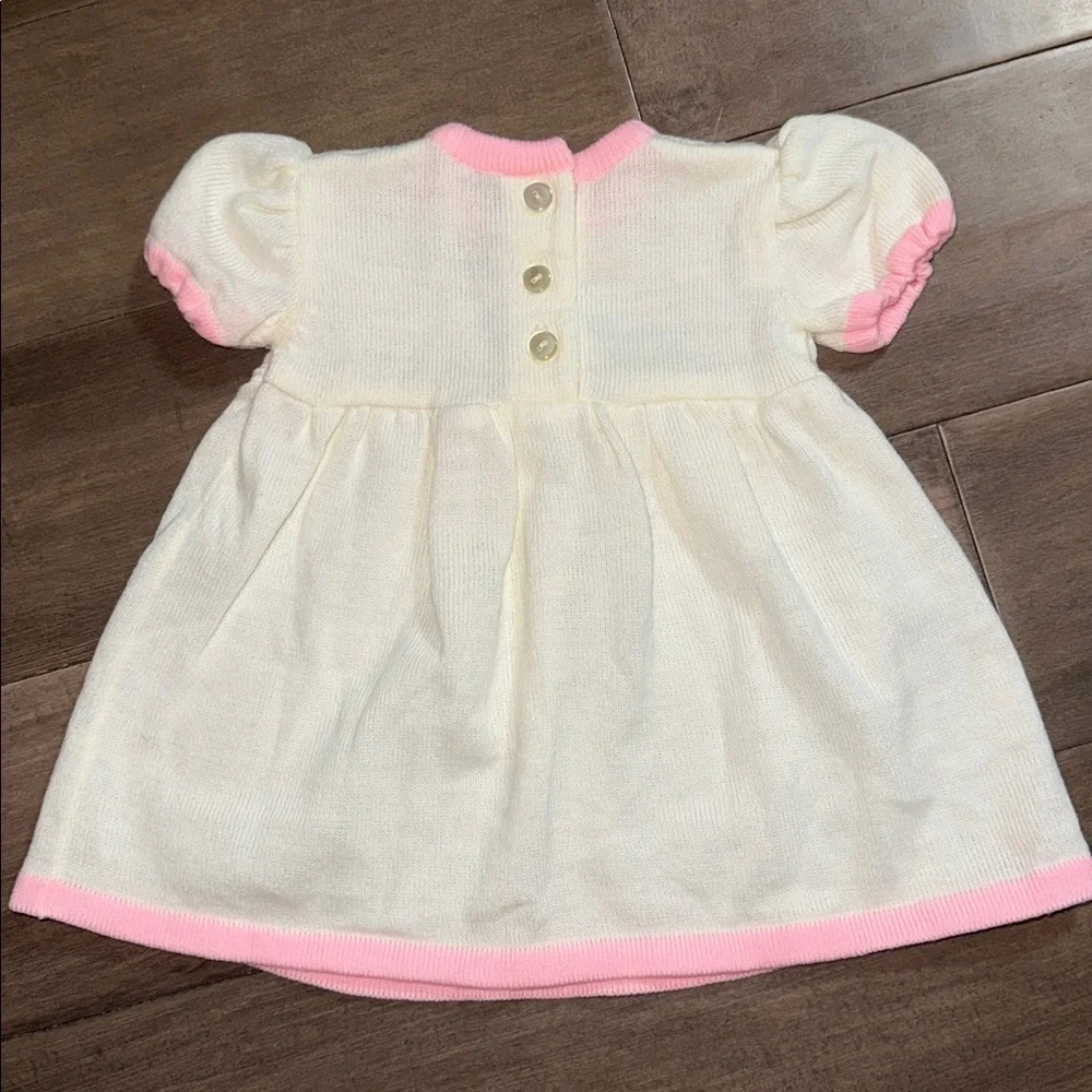 VTG Cradle Knit Baby Dress Cream & Pink Pointelle Knit w/ Floral Embroidery 9M